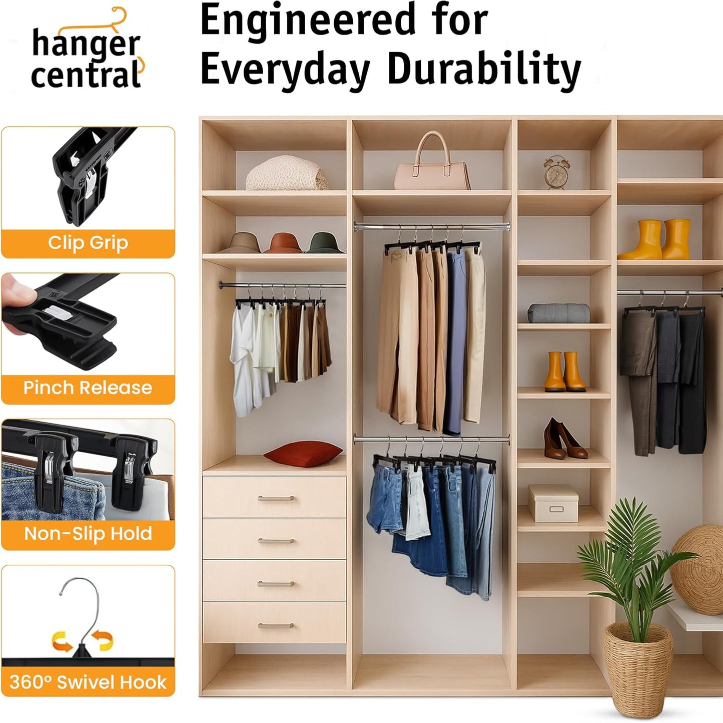 12 Inch 12 Pack Pants Hangers, Slim Plastic Clothes Hangers with Clips for Skirts, Pants, Shorts, Space Saving Heavy Duty Closet Organizer with Non Slip Grip & Swivel Hook – Black