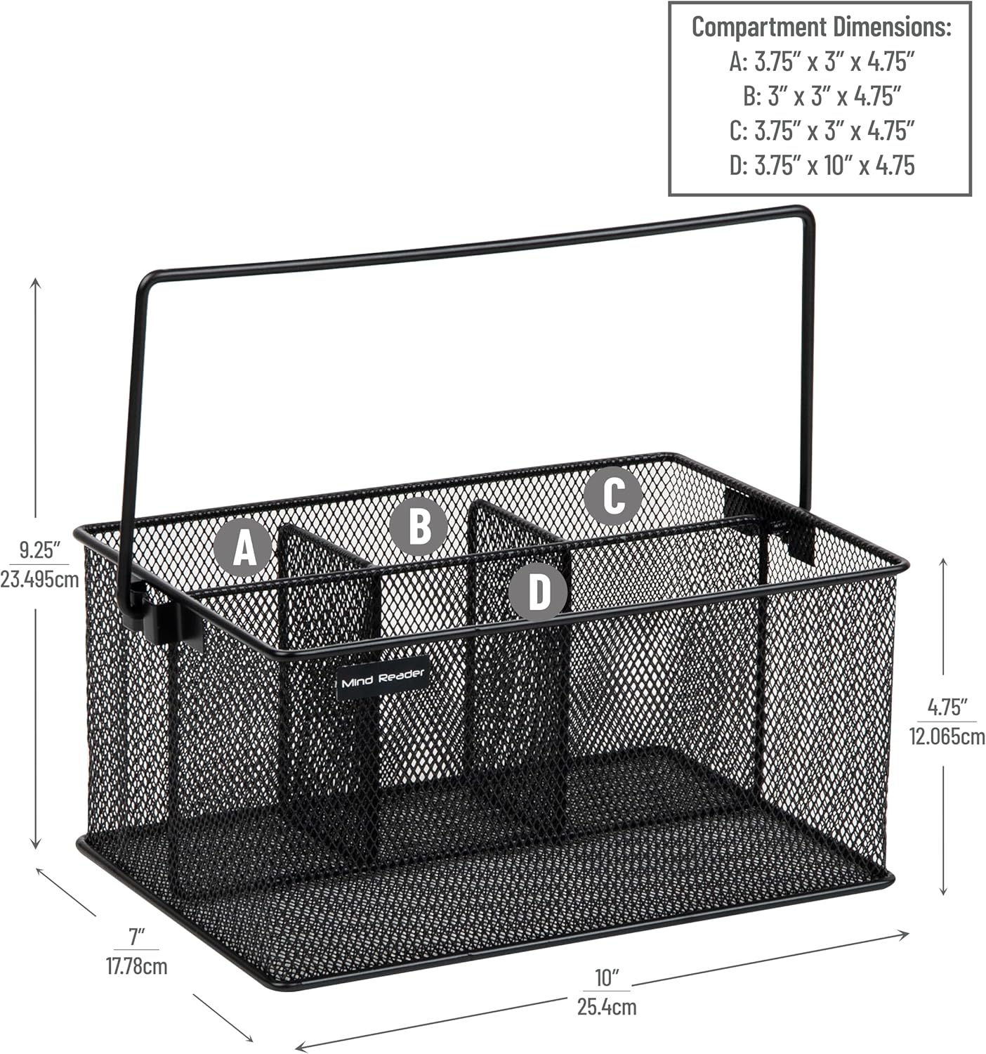 Mind Reader Multi-purpose Storage Caddy with Handle, Desktop Organizer, Cutlery Holder, 4 Compartments, Metal Mesh, Black