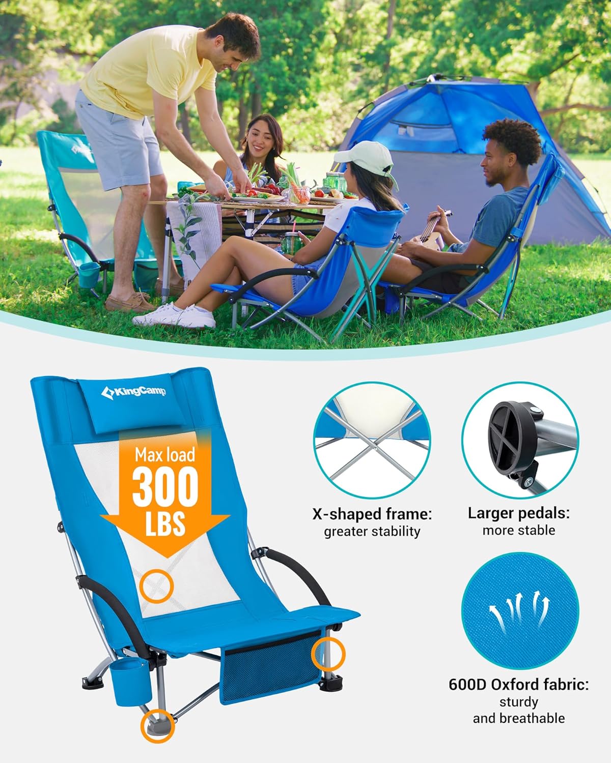 KingCamp Low Beach Chair, High Back Folding Camping Chair for Adults, Oversized Breathable Mesh Seat, 300lbs Heavy Duty Portable Chair with Cup Holder & Storage Pockets for Beach, Outdoor