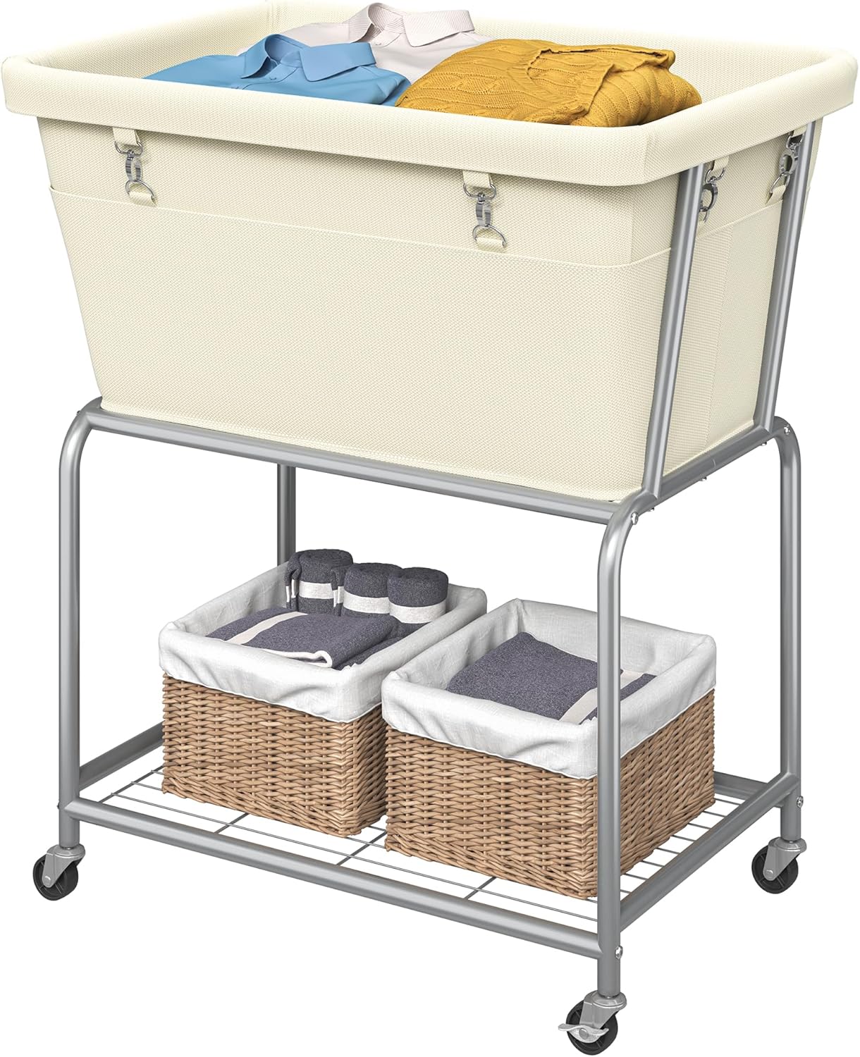ELYKEN Rolling Laundry Hamper with Wheels, 32-Gallon (122L) Laundry Cart with Removable Bag, 2-Tier Clothes Basket Hamper with Shelf for Closet, Bedroom, Bathroom, Laundry Room, Cream