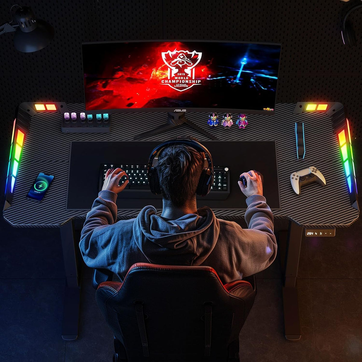 Flycity Gaming Standing Desk with LED Lights & APP Control, 48" x 24" Gaming Table with Music Sensing, Underdesk Cable Storage Electric Standing Desk, Black Carbon Fiber PC Desk for Home Office
