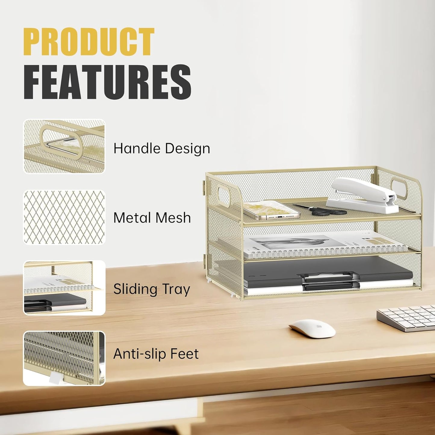 DALTACK 3 Tier Paper Organizer with Handle, Mesh Metal Desk Organizer with Sliding Paper Trays for Letter/A4 Paper, Mail, Bills & Folders, Yellow