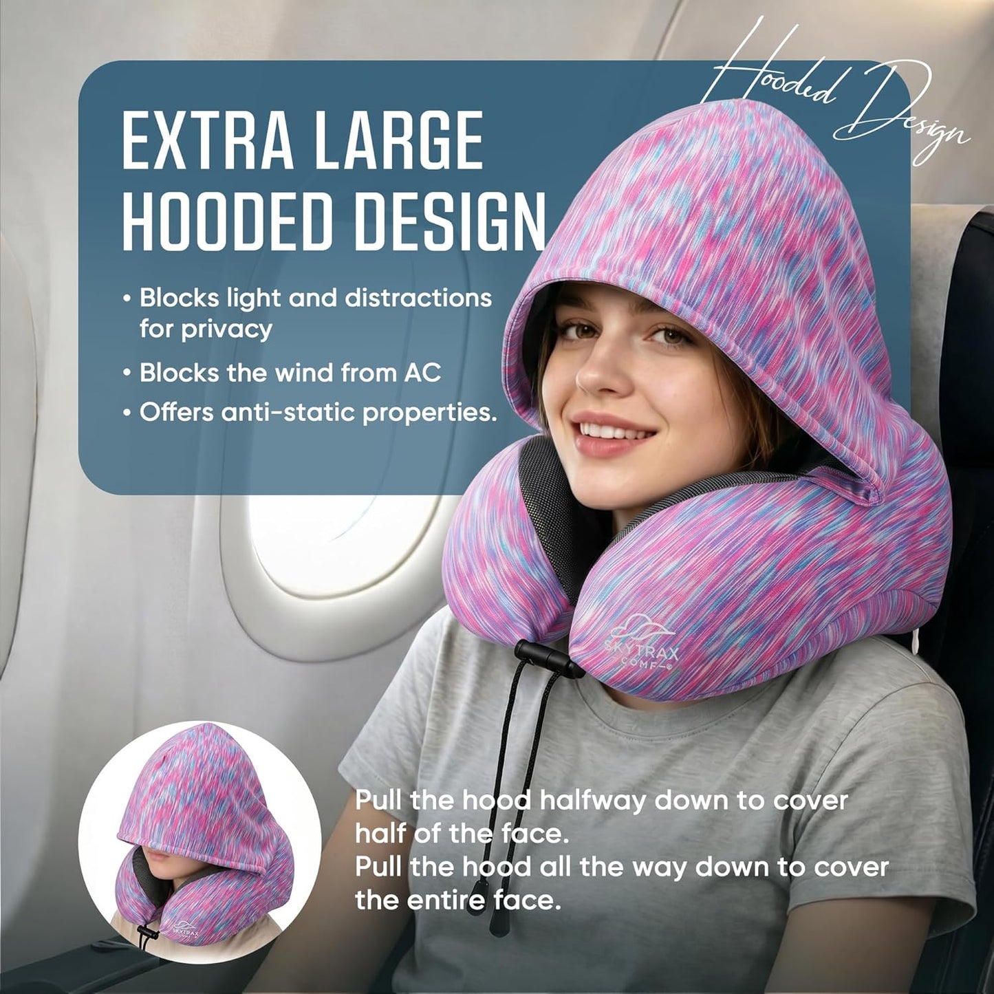 Travel Pillow with Extra Large Hood for Airplane Long Flights Privacy and Comfort Memory Foam with Skin-Friendly Cover for Road Trip Head&Neck Support for Plane Office Cars Sleeping & Rest(Colorful)