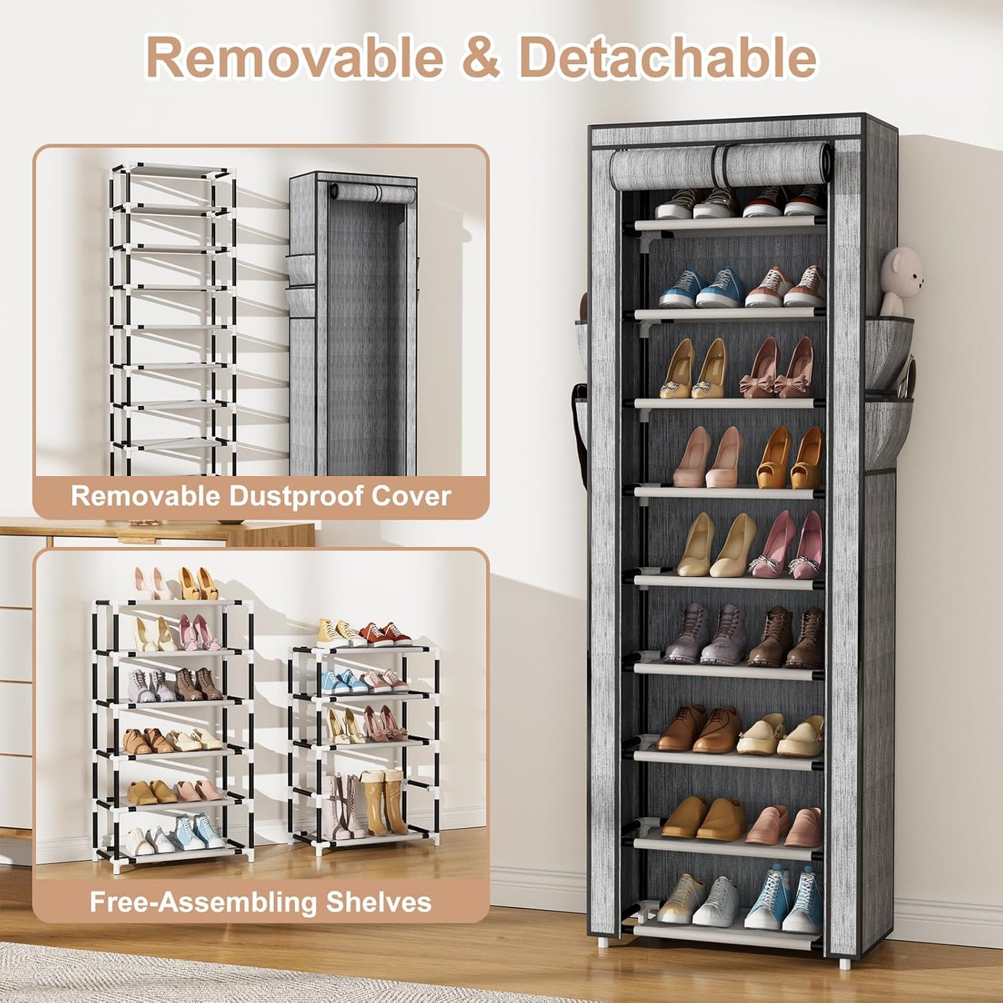 VILICK Shoe Rack with Cover Narrow Shoe Rack Organizer with 4 Side Pockets 10 Tier Tall Shoe Storage Shoe Shelf Holds 18-22 Pairs Shoes and Boots Shoe Rack for Closet, Printing