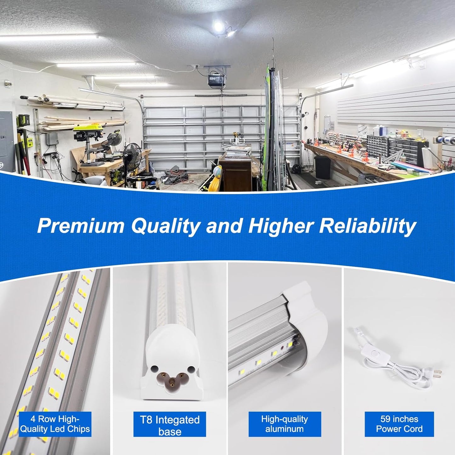 XLNYUUI Led Shop Lights,4FT LED Light 50W 6500K 7000LM Led Daylight,Garage Light Linkable Clear Cover Integrated V-Shape for Garage Warehouse Workbench Workshop(2-Pack)