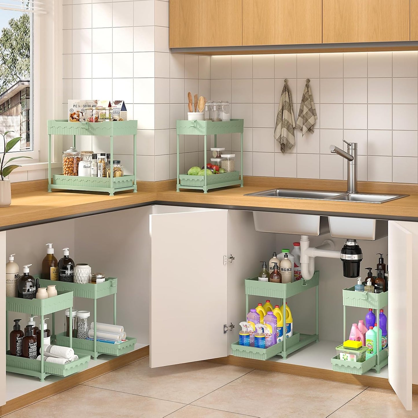 Sevenblue Under Sink Organizer, Bathroom Organizers and Storage, 2 Tier Multi-Use Pull Out Cabinet Organizer with Hang Hooks and Cups (Green, 4 Pack)