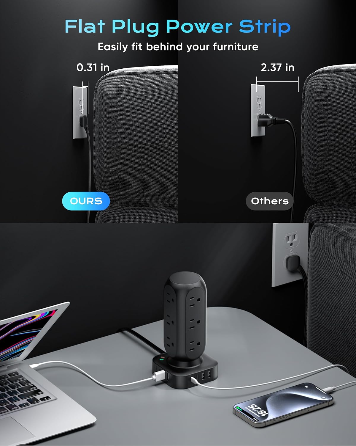 TenTrend Power Strip Tower, 4.8A Fast Charging Tower, 10 FT Extension Cord | 12 AC Outlets & 8 USB Ports (4USB-C), Flat Plug Charging Station for Home, Office, Dorm Room