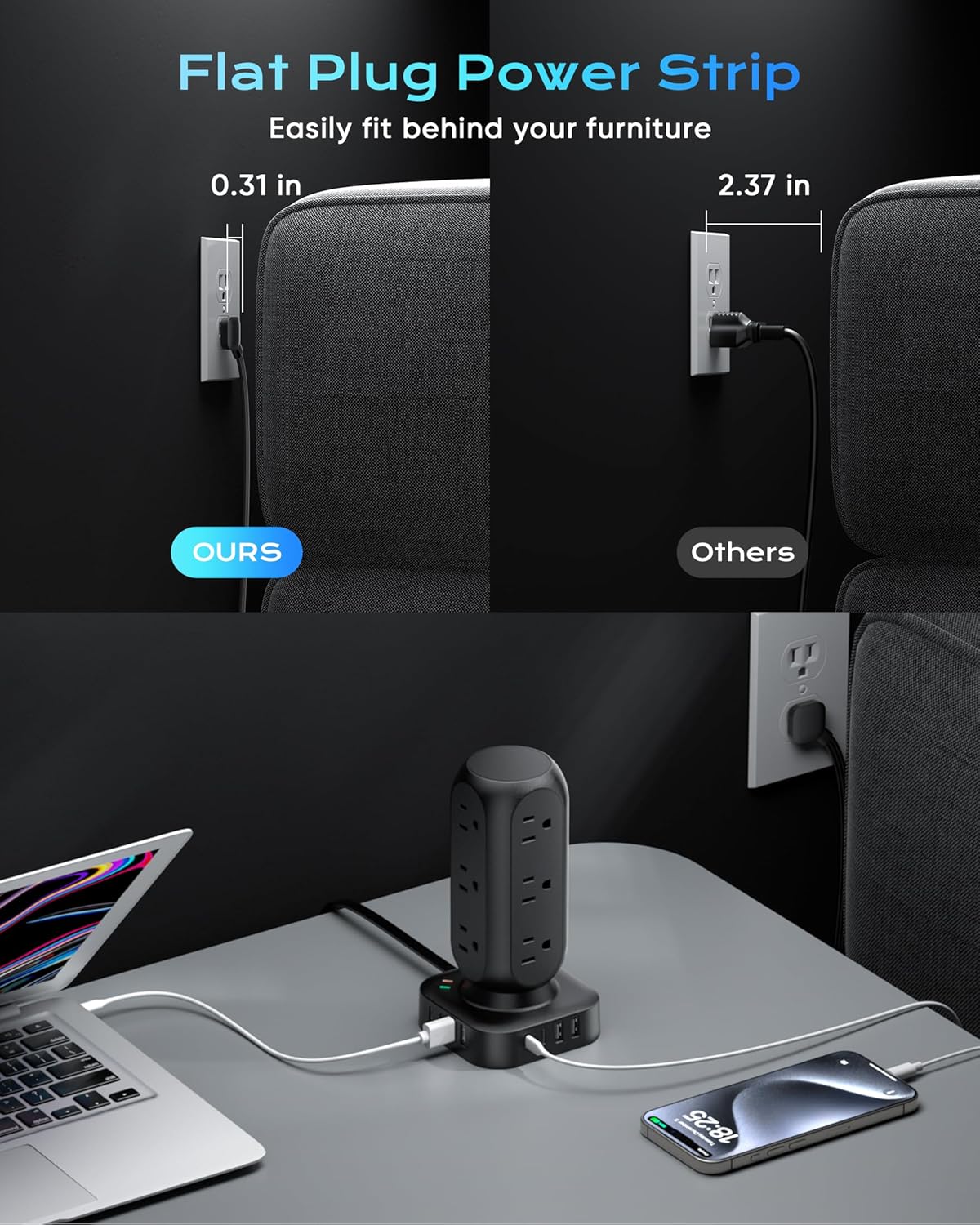 TenTrend Power Strip Tower, 4.8A Fast Charging Tower, 5 FT Extension Cord | 12 AC Outlets & 8 USB Ports (4USB-C), Flat Plug Charging Station for Home, Office, Dorm Room