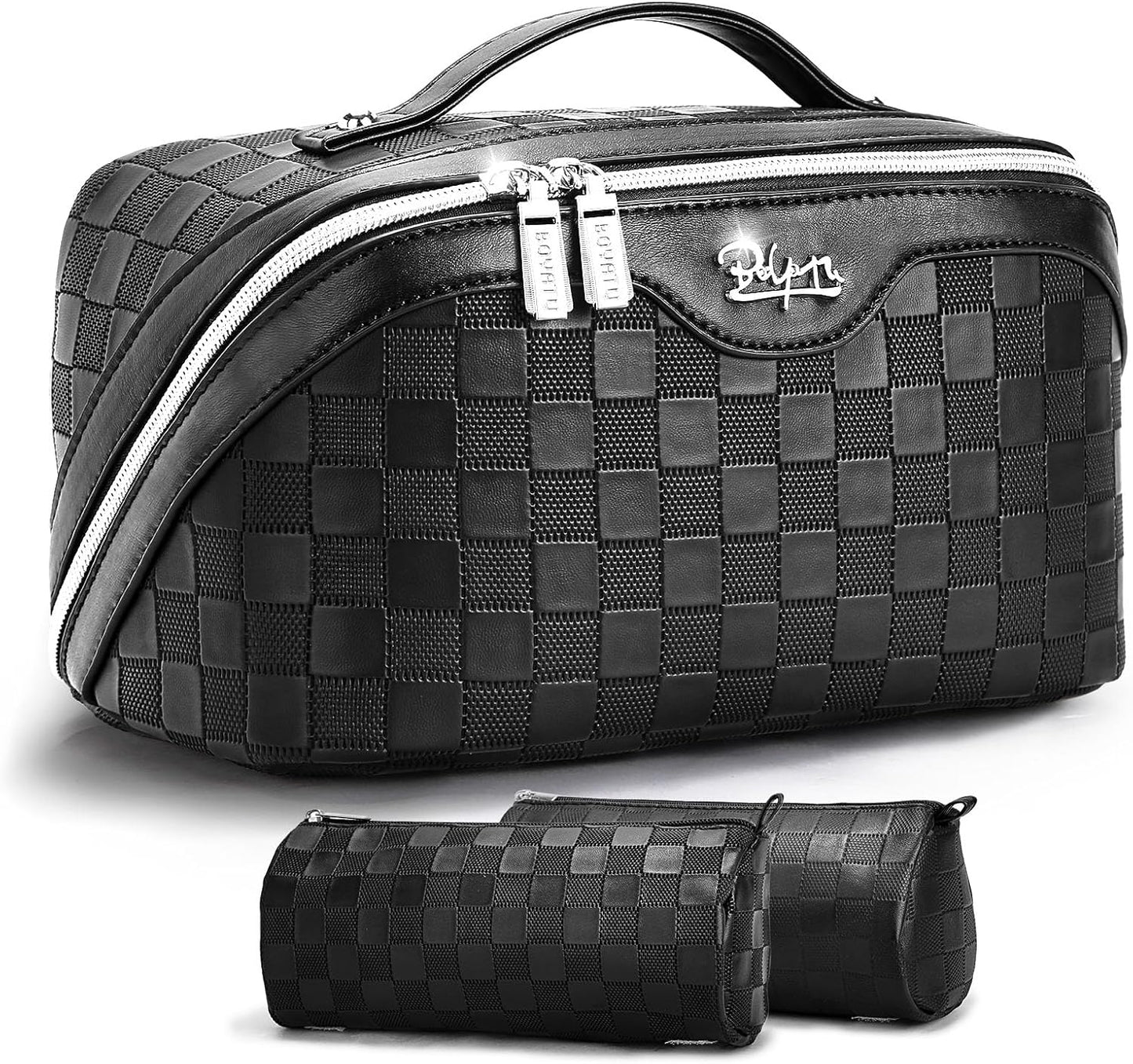BOYATU Travel Makeup Bag Organizer: 3 Pcs Set Large Capacity Cosmetic Bags Holds 10–20 100ml Full-Size Bottles for 3–15 Day Trips - 180°Open-Flat Make up Case 3-sec touch-up - Toiletry Bag Gift women