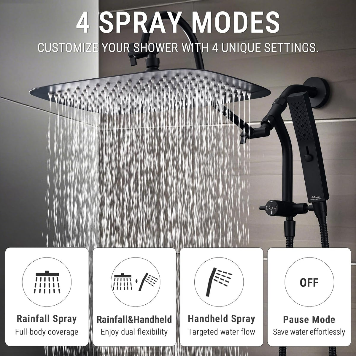 G-Promise 14 Inches Shower Faucet Sets Complete, All Metal Rainfall Shower Head and Handle Set, Extended Downward Diverter, Extension Arm and Pressure Balance Rough-in Valve Included