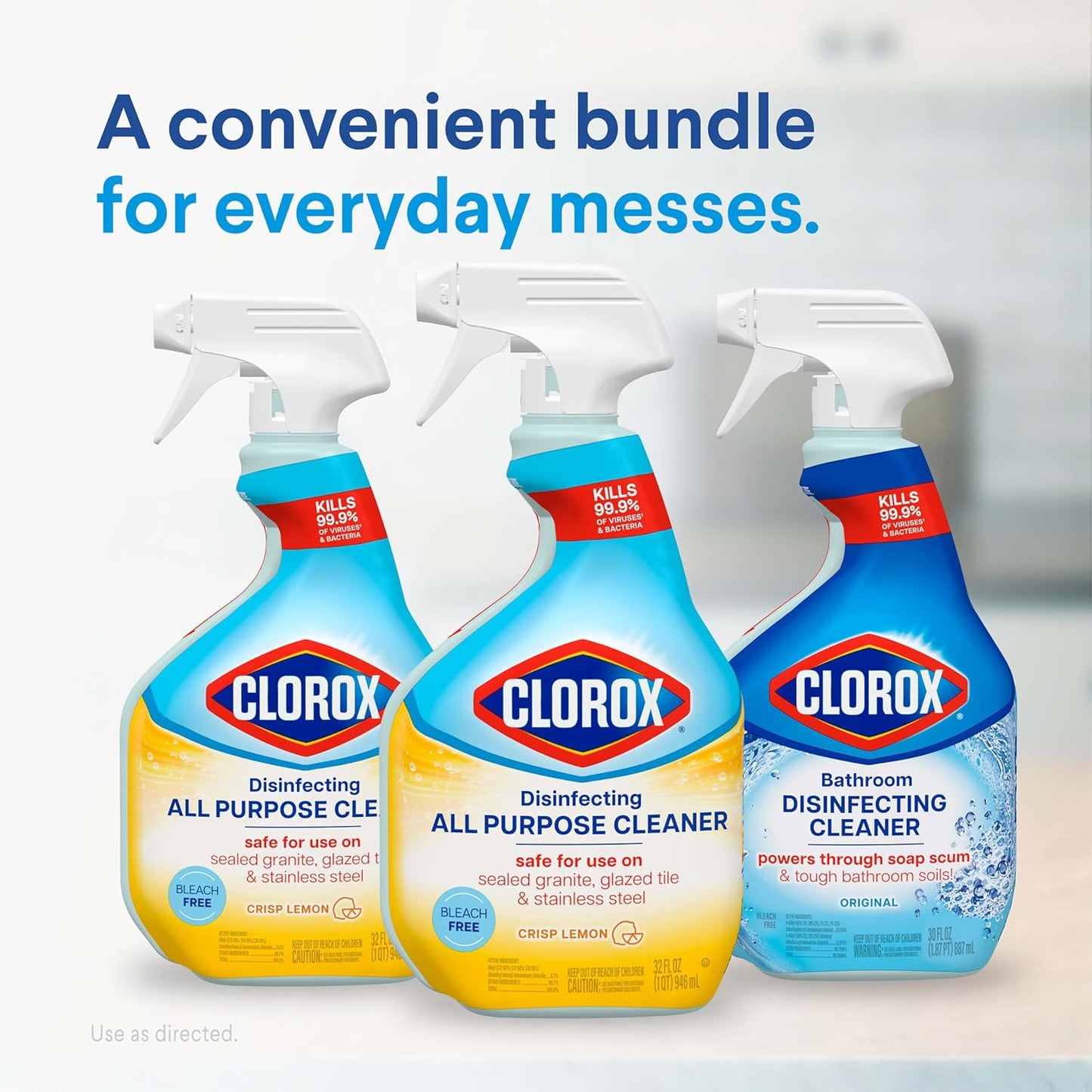 Clorox Disinfecting All-Purpose Cleaner 32 Oz and Bathroom Cleaner, Household Essentials, 30 Oz, Pack of 3