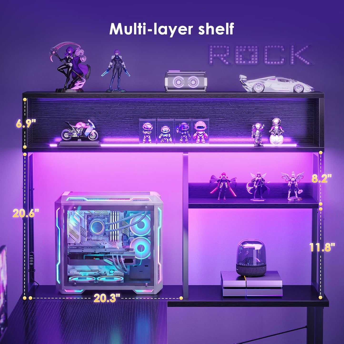 AODK L Shaped Gaming Desk with Led Lights, 51 Inch Reversible Gaming Computer Desk with Display Shelves, PC Gamer Desk Gamer Table with Storage Bag, L Desk for Game, Black