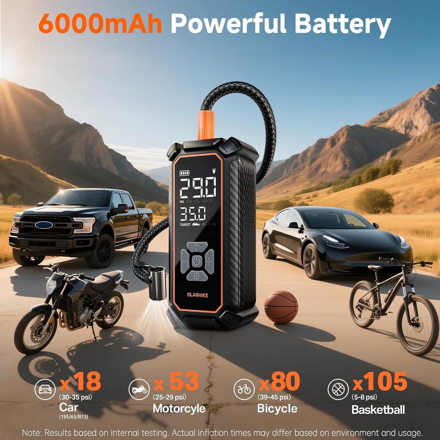 OlarHike Cordless Tire Inflator Portable Air Compressor, Dual Power - 6000mAh & 12V DC, Air Pump for Car Tires, Bike, Motorcycle, with Luxurious Storage Case, Car Gifts