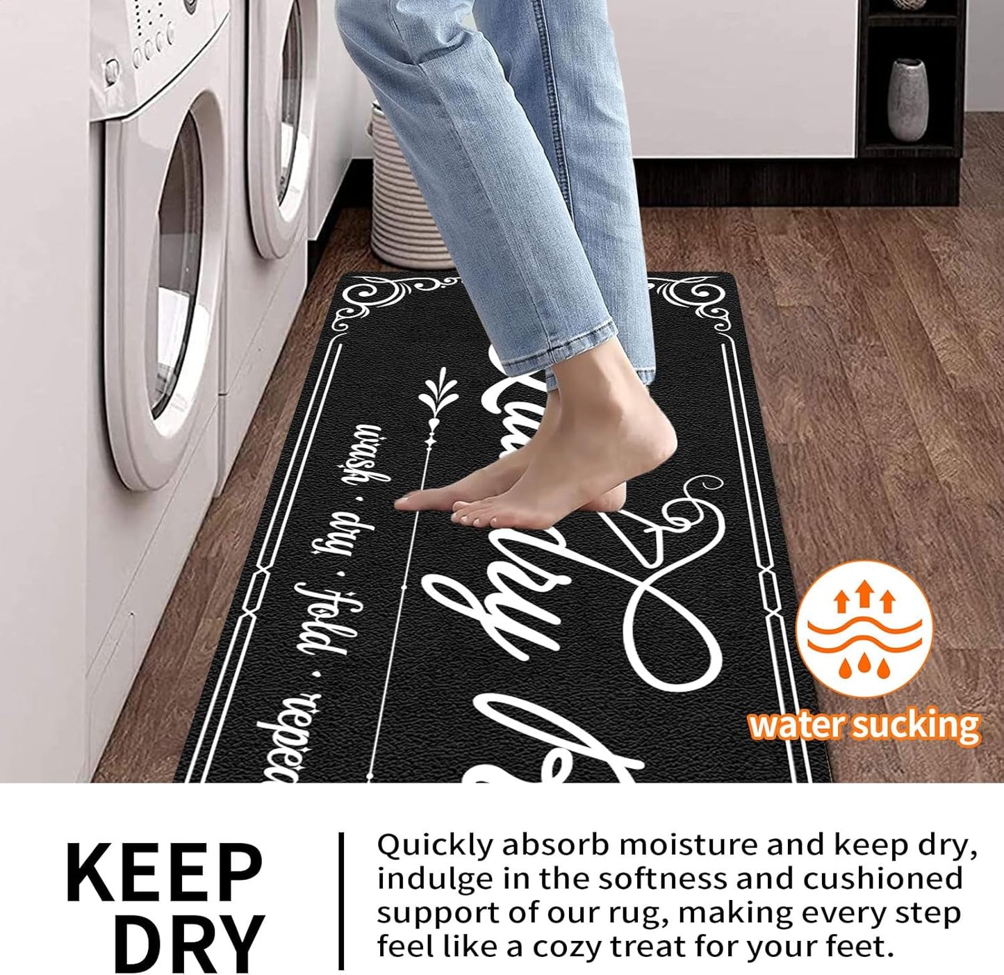 XLHOMO Laundry Room Rug Runner, 17"x60" Non Slip Black Nappa Leather Laundry Rugs, Farmhouse Washable Floor Laundry Mats for Laundry Room, Kitchen, Washroom, Bathroom, Mudroom, Hallway Entryway Decor