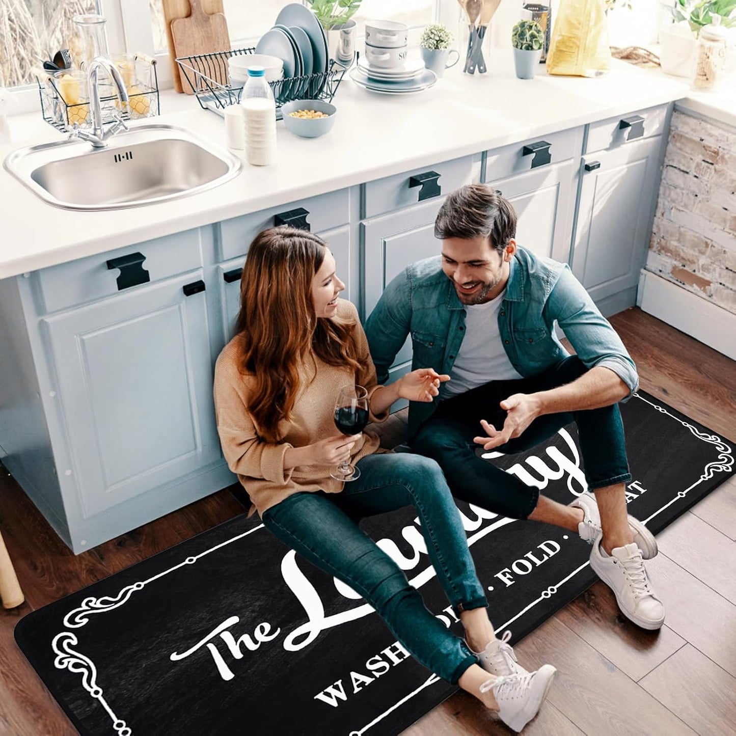Laundry Room Rug Runner 20"X49" TPR Non Slip Farmhouse Laundry Rugs for Laundry Room Decor Washable Runner Rugs for Kitchen Floor Mudroom and Bathroom-Black