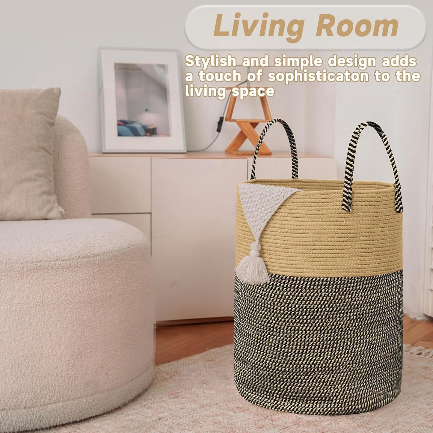 JMvicyroam Large Woven Laundry Basket Hamper,60L Cotton Rope Storage Bin for Blankets,Toys and Clothes,Decorative Tall Nursery Hamper for Living Room,Baby Nursery,Bathroom and Bedroom,Brown and Black