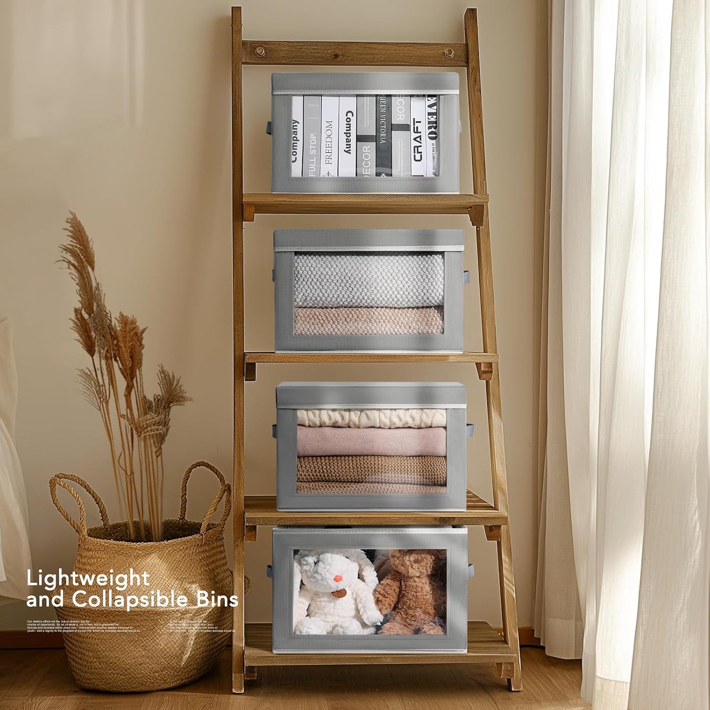 Homsorout Large Storage Baskets Bins with Lids - Stackable Cube Bins for Closet, 3 Pack Grey Windows Organizer Bins, Home Organizers and Storage for Clothes, CD, Towels