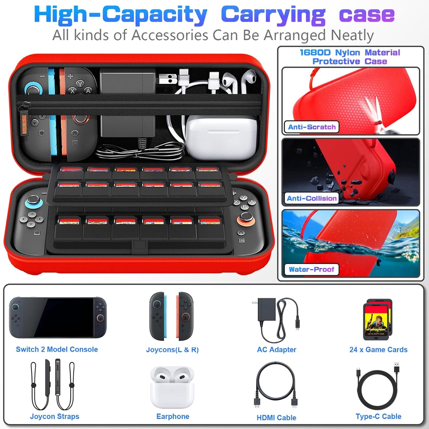 daydayup Switch Carrying Case Compatible with Nintendo Switch 2, with 24 Games Cartridges Protective Hard Shell Travel Carrying Pouch DS Case Red