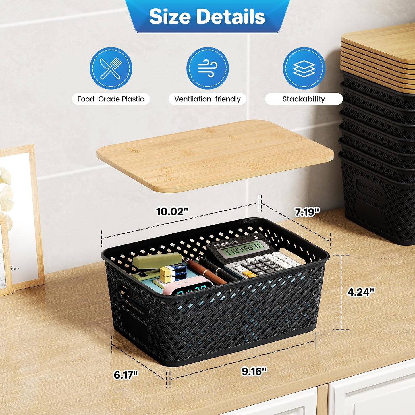 Anysig 8 Pack Plastic Storage Bins with Bamboo Lids, 5.2 QT Stackable Bins