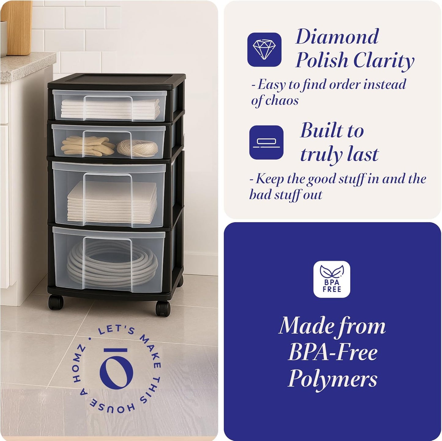 HOMZ Drawer Tower, 4-Tier Clear Plastic Storage Organizer Cart, Black Frame - Rolling Drawers with Wheels for Desk, Dresser, Cabinet, Bedroom, Bathroom, Closet, Classroom, and Office Organization