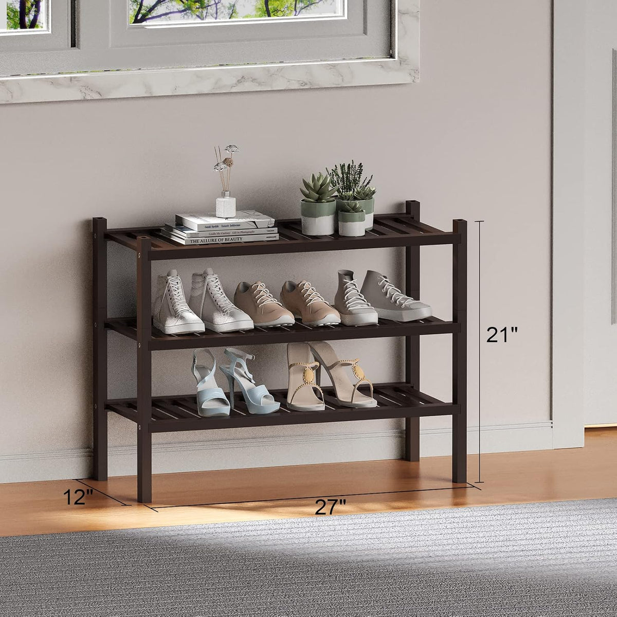 ROMGUAR CRAFT 3 Tier (Thick) Bamboo Shoe Rack for Closet Free Standing Wood Shoe Shelf for Entryway Small Space Stackable 27"x12"x21" (Black Brown)