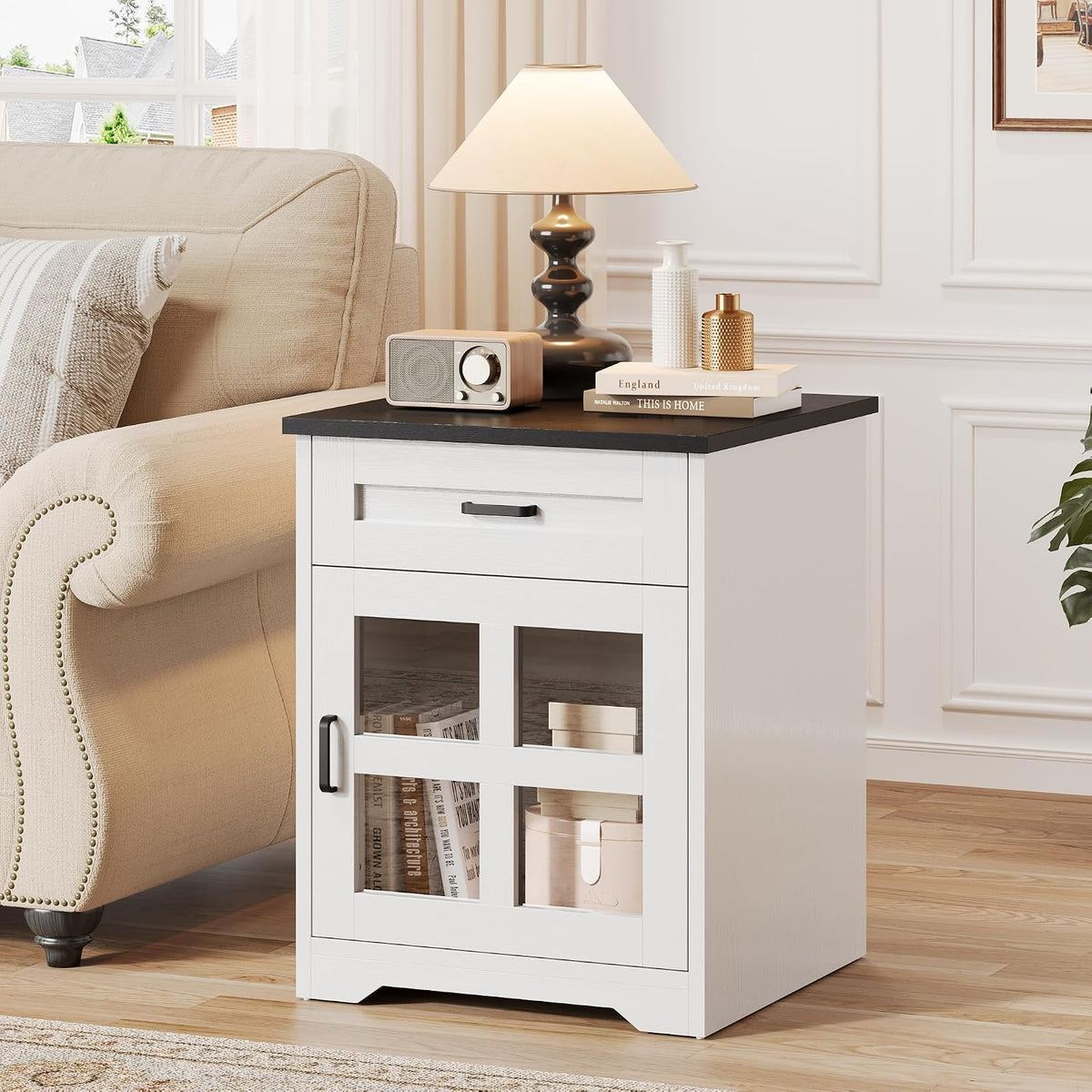 Farmhouse 18'' End Table, Narrow Sofa Side Table with Drawer and Barn Door, Wooden Nightstand Storage Cabinet for Living Room and Bedroom