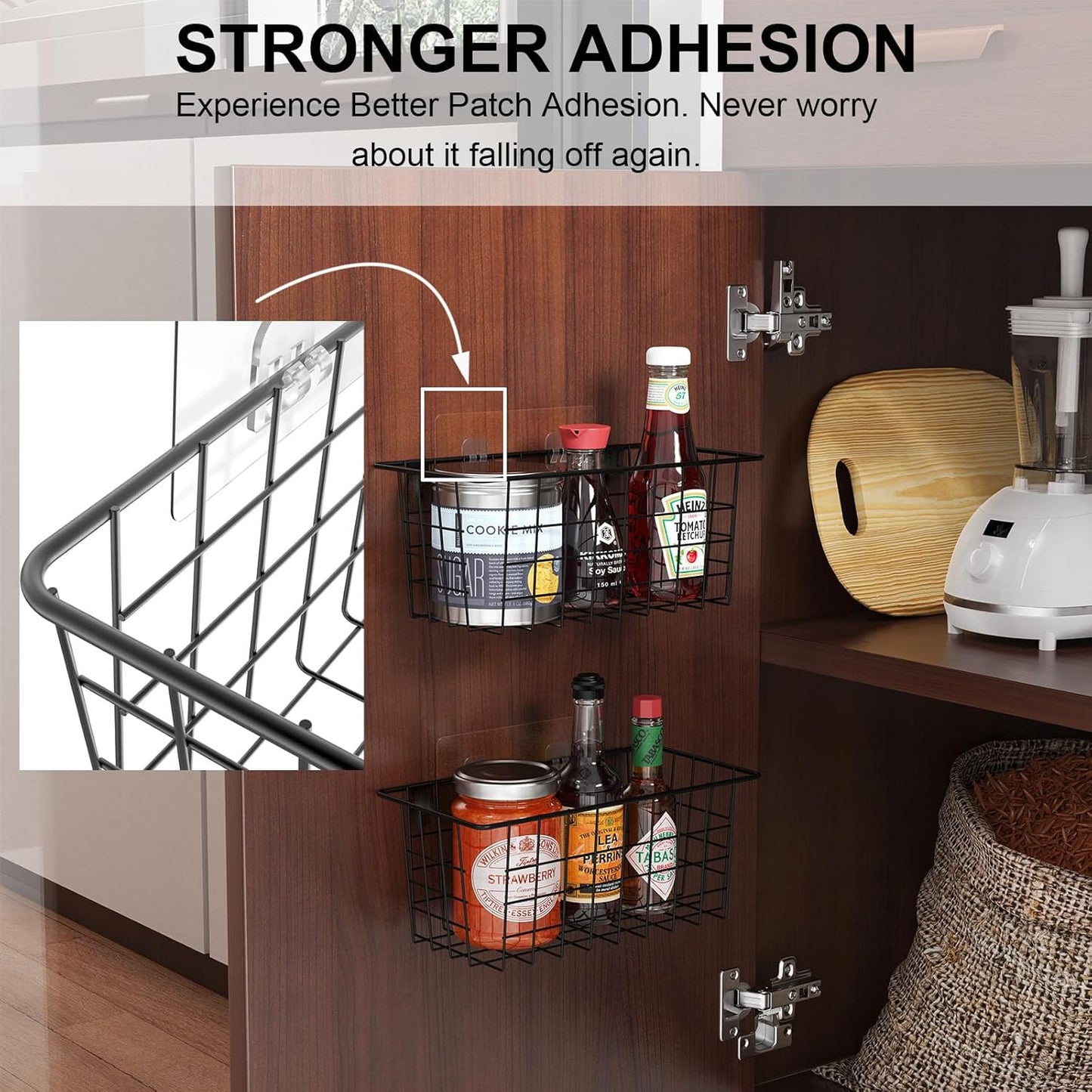 MaraFansie Hanging Kitchen Baskets Wire Storage Basket Over the Cabinet Door Organizer, No Drilling Adhesive Basket for Cabinet Pantry Organization and Kitchen, Bathroom, Storage, 2 Pack, Black