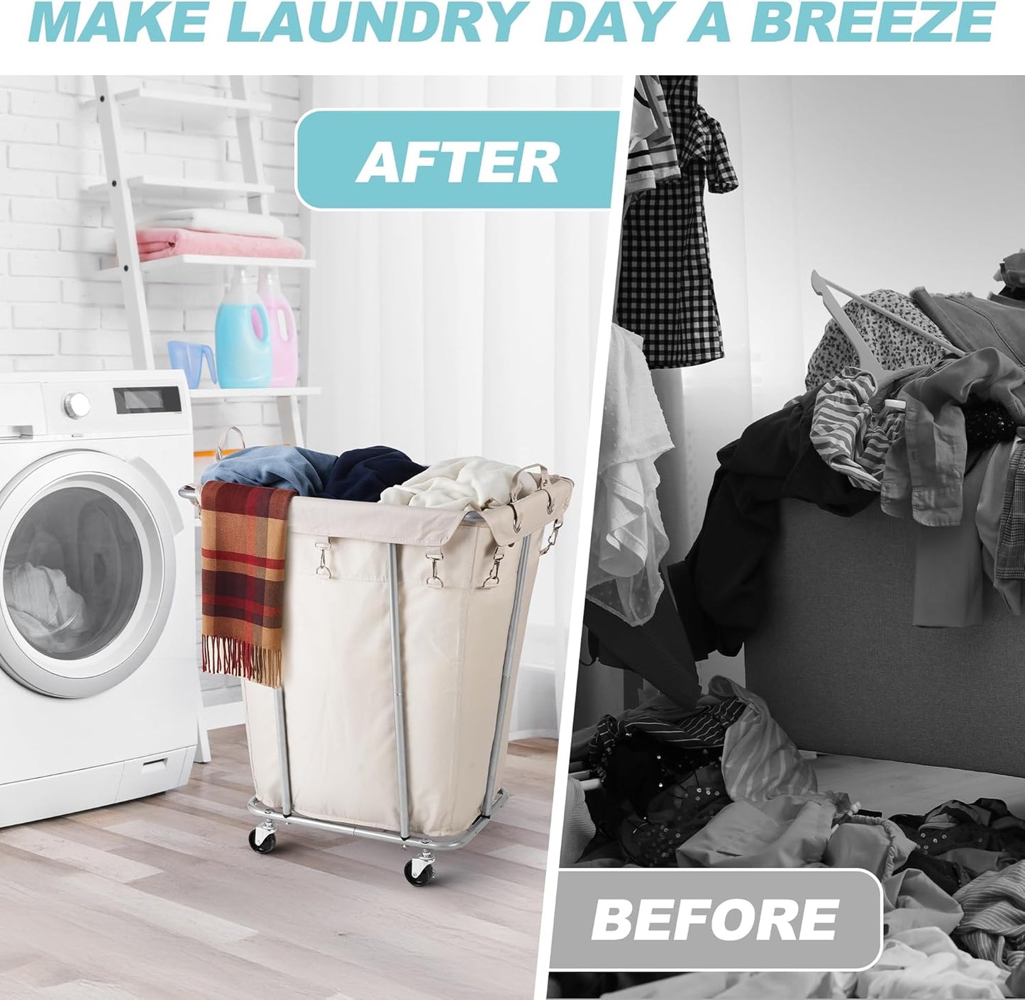 PLKOW Laundry Basket with Wheels 120L Heavy-Duty Laundry Cart with Removable Waterproof Bag, Metal Frame Clothes Basket with Lockable Casters for Home, Laundry Room, Hotel, Beige
