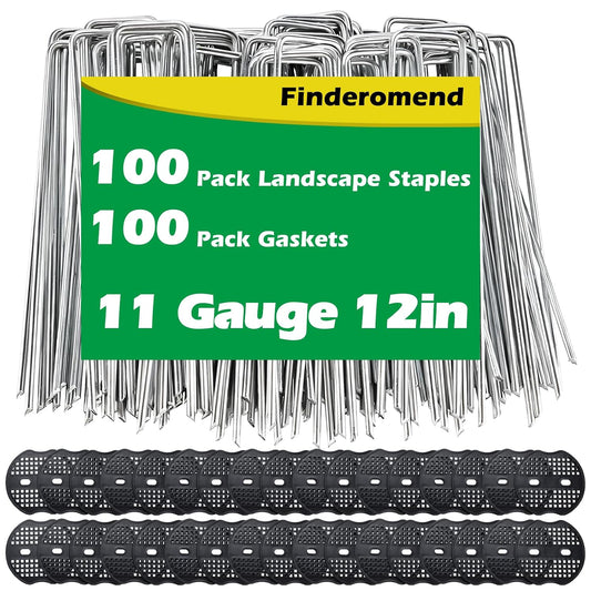 100 Pack Landscape Staples and 100 Pack Gaskets,11 Gauge 12" Galvanized Steel Garden Staples with Black Pads Turf Staples for Weed Barrier Grass
