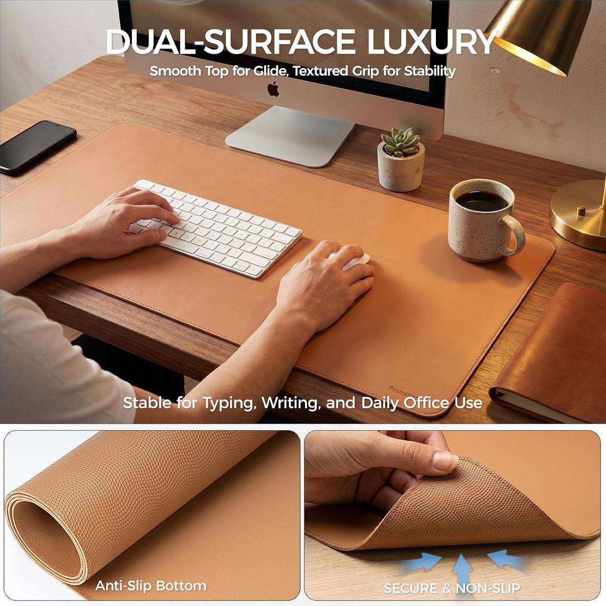 Large Desk Pad Non-Slip Desk Mat Protector for Keyboard Mouse Waterproof Vegan Leather Surface Faux Leather Laptop Mat Smooth Mouse Pad Premium Gift Tube Caramel Brown 39" x 17"