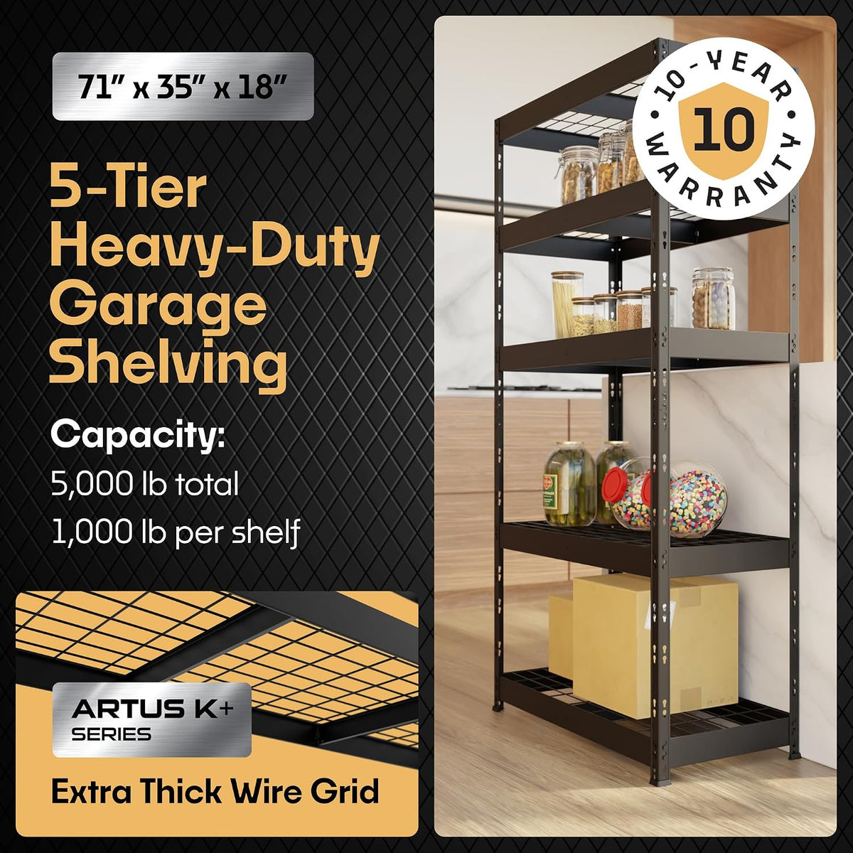 Metalkast Heavy-Duty Metal Garage Shelving | 71" H x 35" W x 18" D | Adjustable Industrial Storage Rack with Wire Shelves | 5-Tier Steel Shelving Unit, 5,000LB Capacity, Rust-Resistant Coating