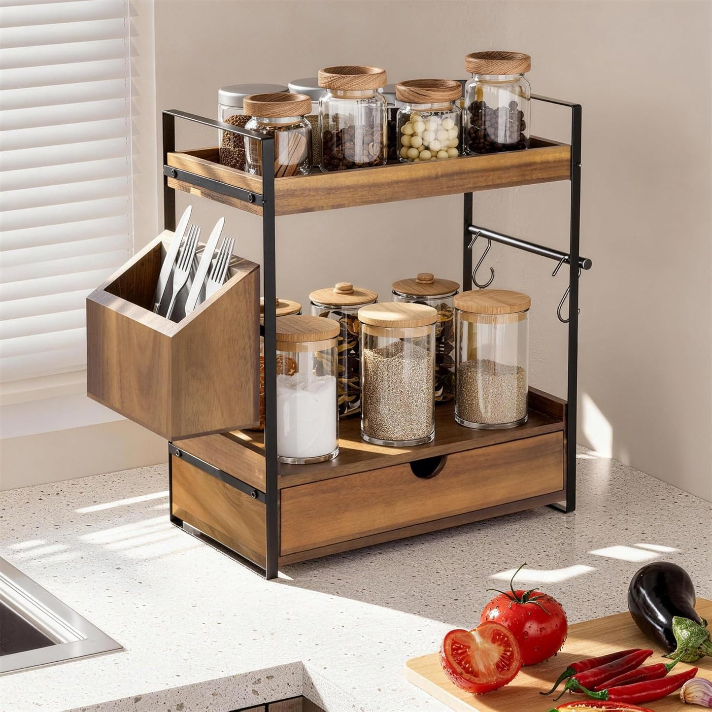 2-Tier Bathroom Counter Organizer with Drawer and Basket, Acacia Wood Countertop Organizer for Storage, Skincare Organizers for Vanity, Counter Shelf for Bathroom Organization(Acacia Wood-Dark Brown)