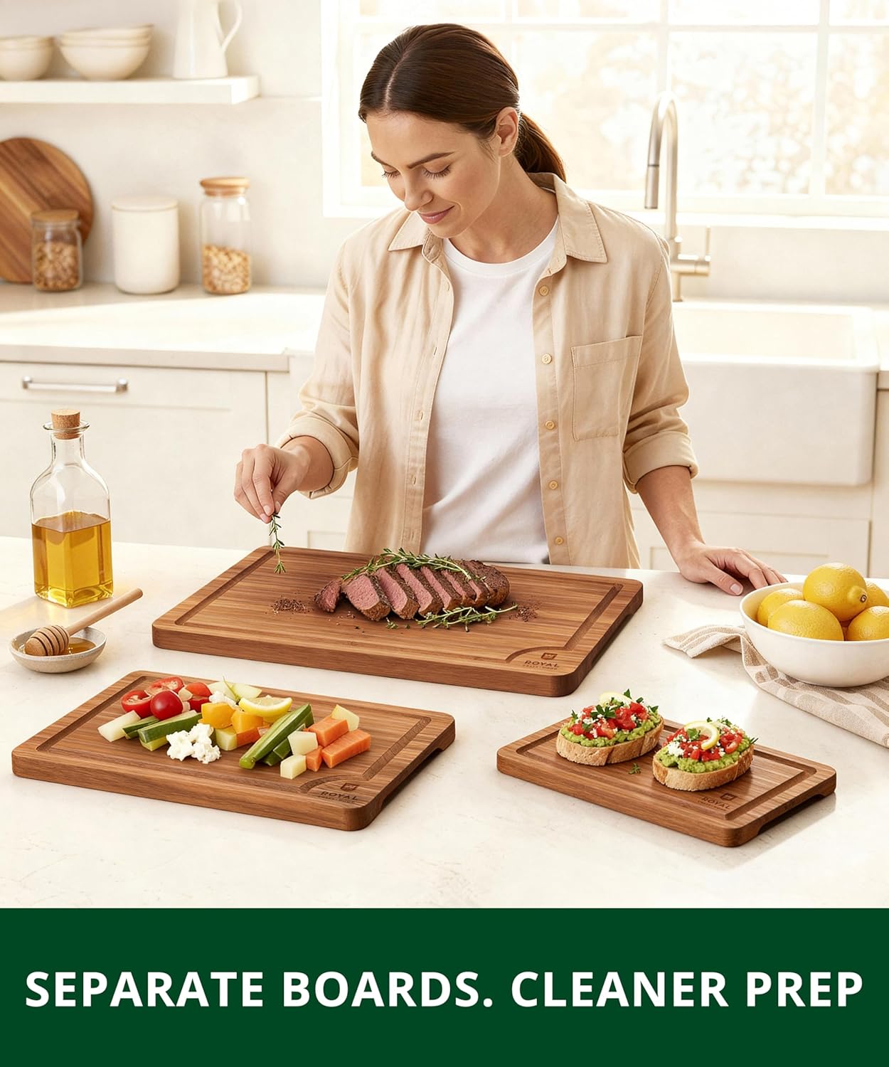 ROYAL CRAFT WOOD Wooden Cutting Boards for Kitchen Meal Prep & Serving - Non Toxic Bamboo Wood Cutting Board Set with Deep Juice Groove Side Handles - Charcuterie & Chopping Butcher Block for Meat