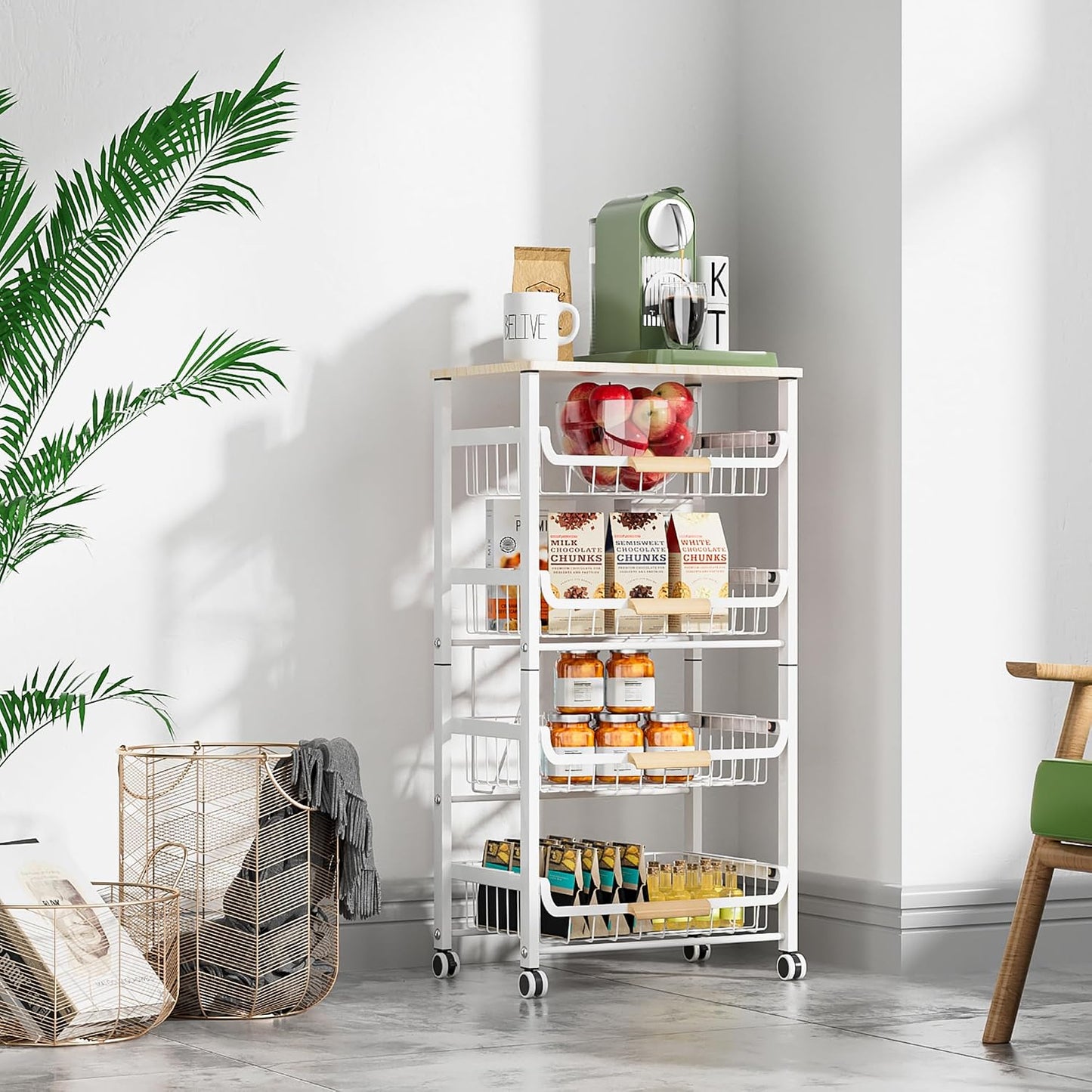 NiuYichee 5-Layer Fruit Basket Kitchen Food Storage Organizer and Storage Rack, Stackable Storage cart with Desktop, Pull-Out Hollow Metal Storage Basket, Wheeled Sorting Rack Spice Rack
