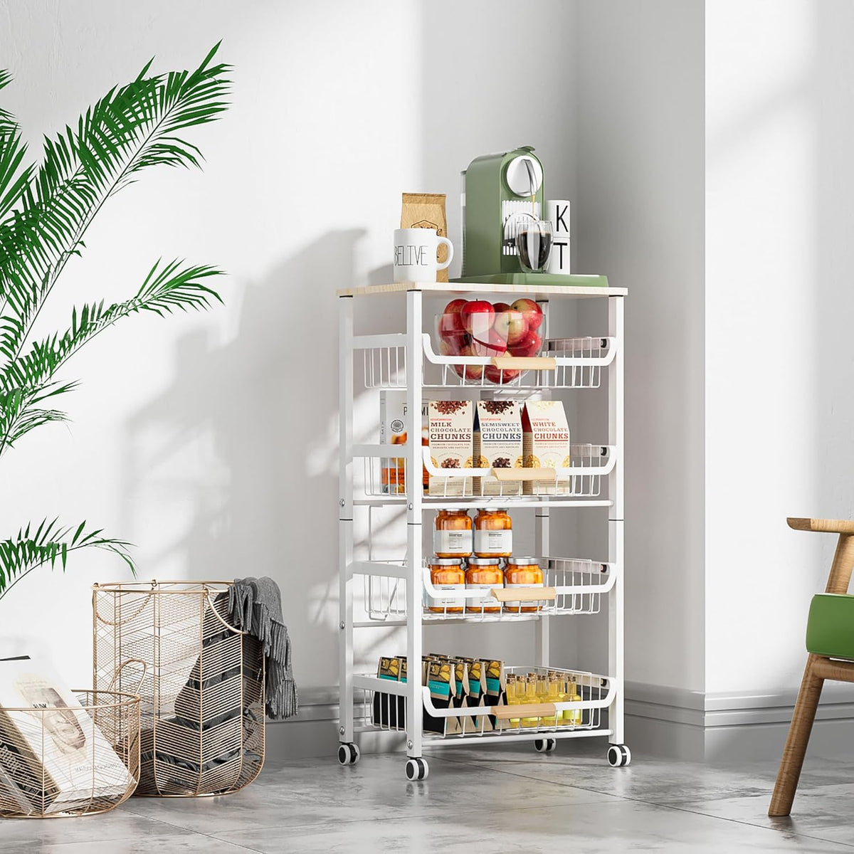 NiuYichee 5-Layer Fruit Basket Kitchen Food Organizer and Rack, Stackable Storage Cart with Desktop, Pull-Out Hollow Metal Basket, Wheeled Sorting Rack Spice Rack, Black