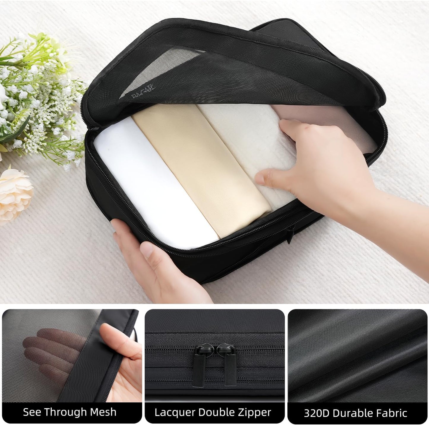 BAGAIL 4 Set/6 Set/8 Set Compression Packing Cubes Travel Accessories Expandable Packing Organizers (Square Mesh, 05-Jet Black)