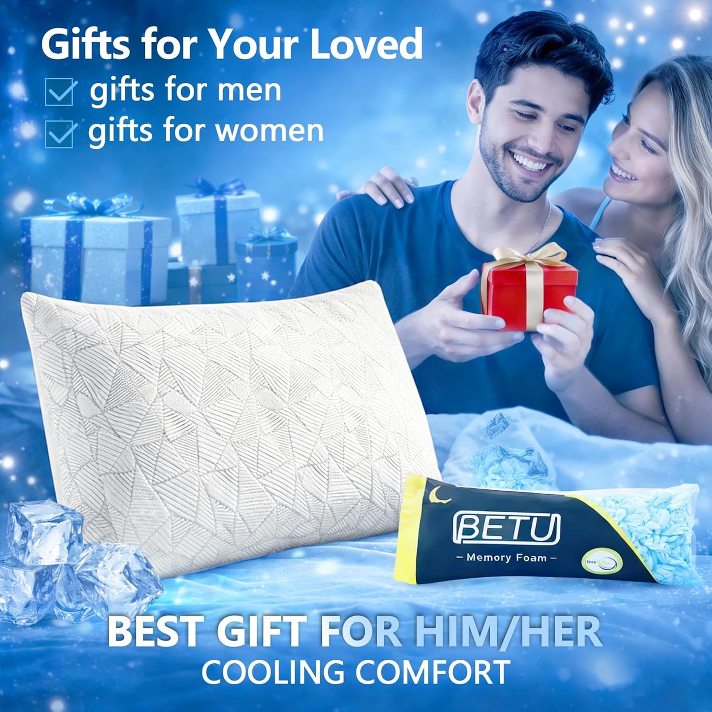 BETU Cooling Pillow Queen Size, Shredded Memory Foam Pillow for Hot Sleepers, Adjustable Firm Soft Support Pillows, Cool Bed Pillows for Side Back Stomach Sleeping Sleepers, gifts for boyfriend, White