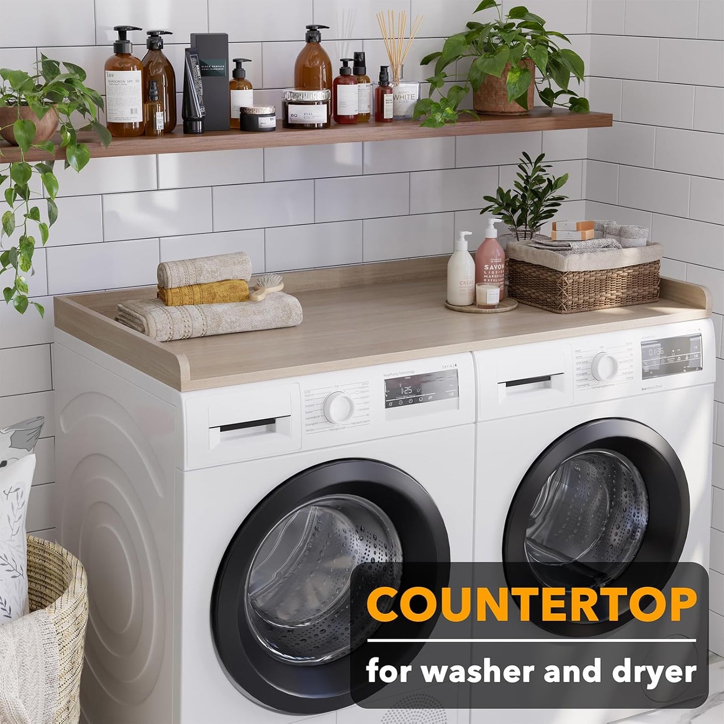 SpaceAid Washer Dryer Countertop, Laundry Wood Shelf Topper with Edge, 54" Width x 27.5" Depth Cover Guard Organizer for Washer and Dryer Laundry Hamper Counter Storage Organization (Oak)