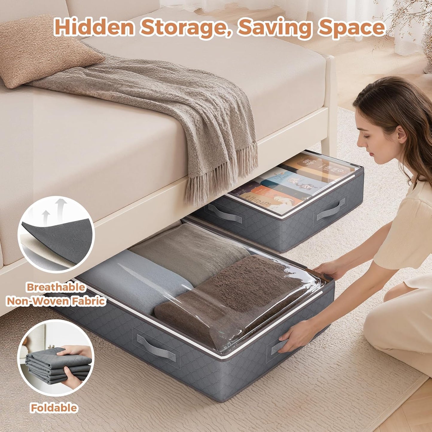 Budding Joy 90L Under Bed Storage Containers, Closet Organizers and Storage Bins, Foldable Underbed Storage Bags for Linen Sheets, Blanket, Clothing, Comforter, Sweaters, Pillows, Wrapping Paper, Grey