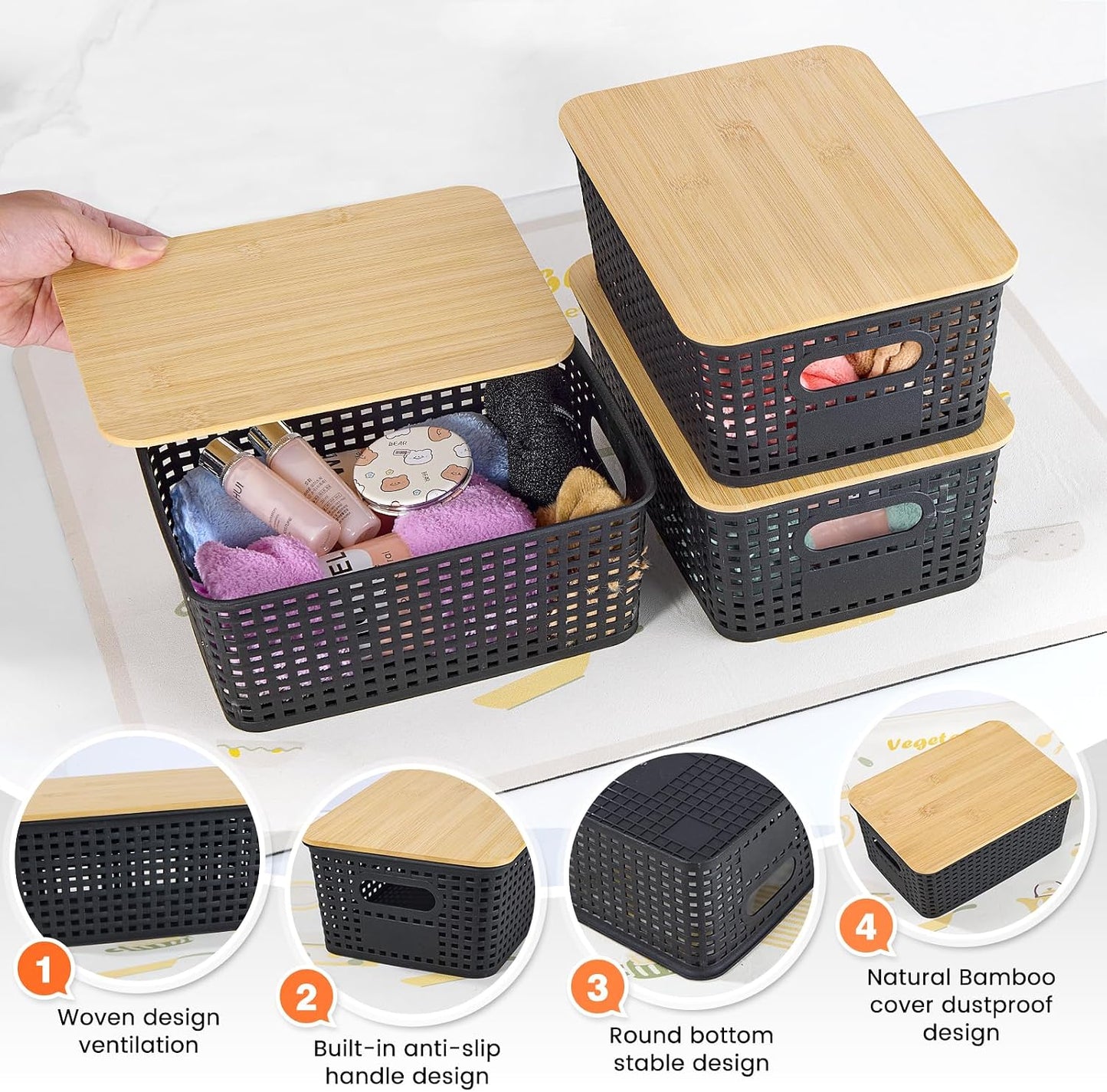 Ohmlove 6 Pack Plastic Storage Baskets with Bamboo Lids for Organization | Stackable Storage bins, Storages Baskets for Organizing Shelves Drawers Desktop Closet Playroom Classroom Office,Black