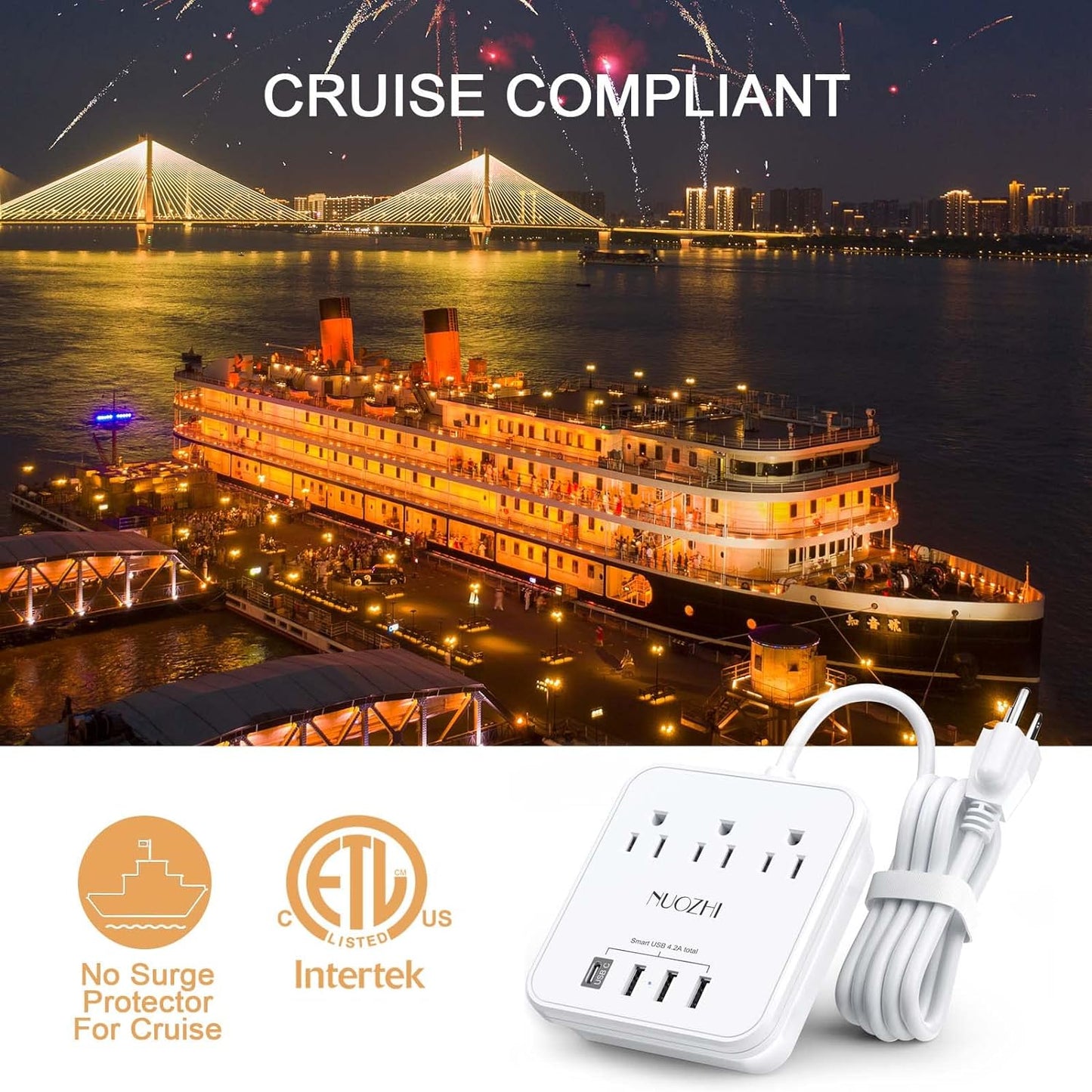 Cruise Essentials, NUOZHI 6 Ft Power Strip with 3 Outlets and 4 USB Ports(1 USB C), Non Surge Protector for Cruise Ship, Travel, Home Office, ETL Listed, White