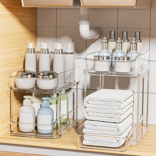 Delamu 2-Tier Under Sink Organizers and Storage, Multi-Purpose Stackable Bathroom Cabinet organizers, Pull Out Kitchen Pantry Organization and Storage with Dividers(2 Pack, Clear)