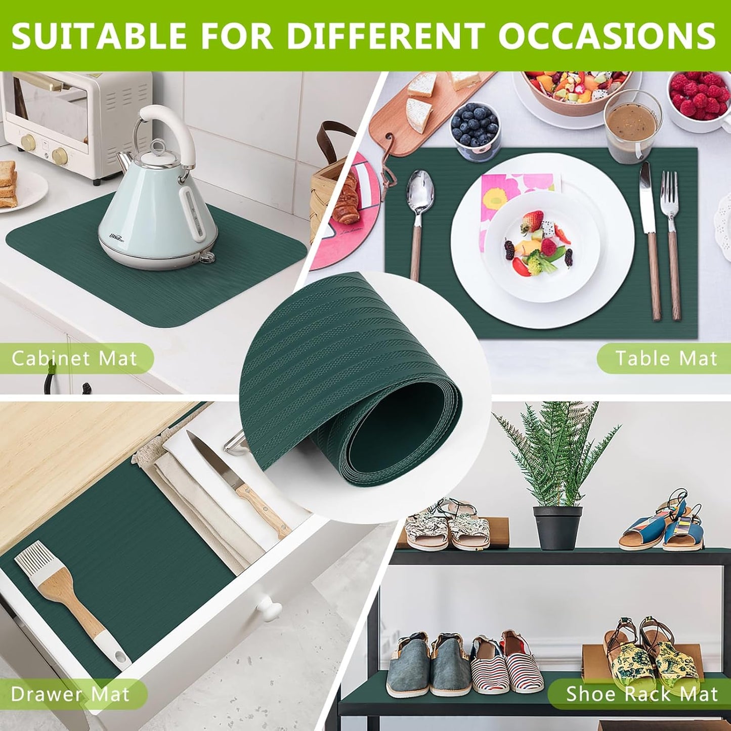 Shelf Liners Non Adhesive Kitchen Drawer Cabinet Liner, Waterproof Durable Liners for Shelves Refrigerator Pantry Cupboard Protector Mat, Green 11.8 x 236.2 inches