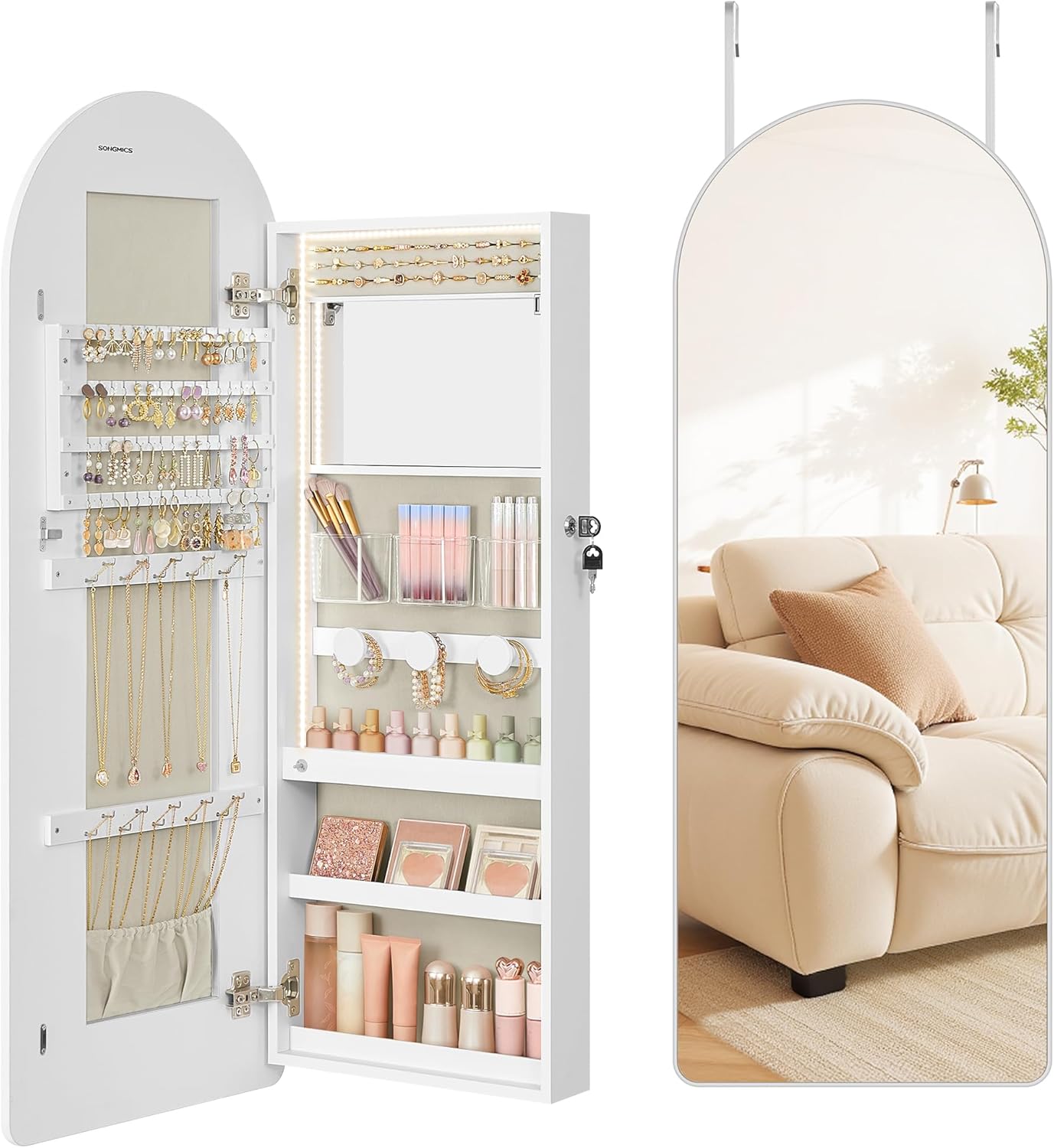 SONGMICS Wide Jewelry Organizer, LED Jewelry Cabinet Wall/Door Mounted, Arched Mirror with Storage, Lockable, Rounded Corner, Interior Mirror, 3.9 x 16.5 x 42.5 Inches, Ink Black UJJC020B01