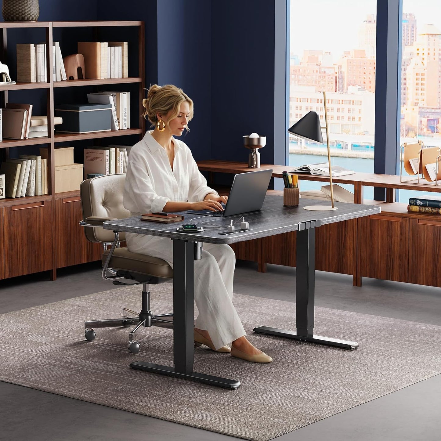 Huuger Electric Standing Desk with Power Outlets and USB-C Port, 47 X 24 Inch Height Adjustable Desk, Sit Stand Desk for Home Office, Computer & Gaming Desk with 4 Presets, Stable Steel Frame, Grey