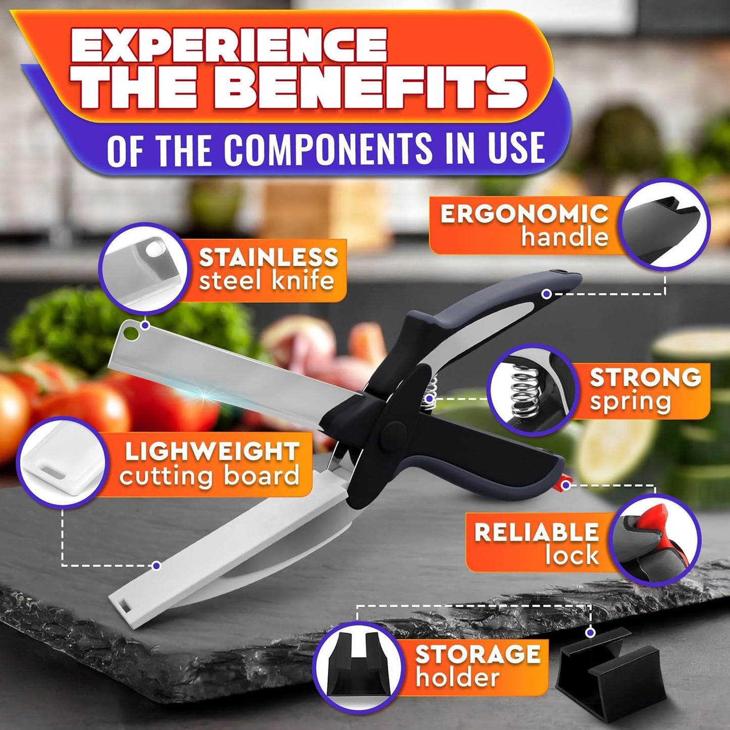 2 in 1 Kitchen Scissors for Food – Stainless Steel 9.5" Tomato Knife Chops Vegetables, Fruit, Cheese, Meat in Seconds | Dishwasher Safe Cutting Board Scissors with Safety Lock – Kitchen Gift for Dad