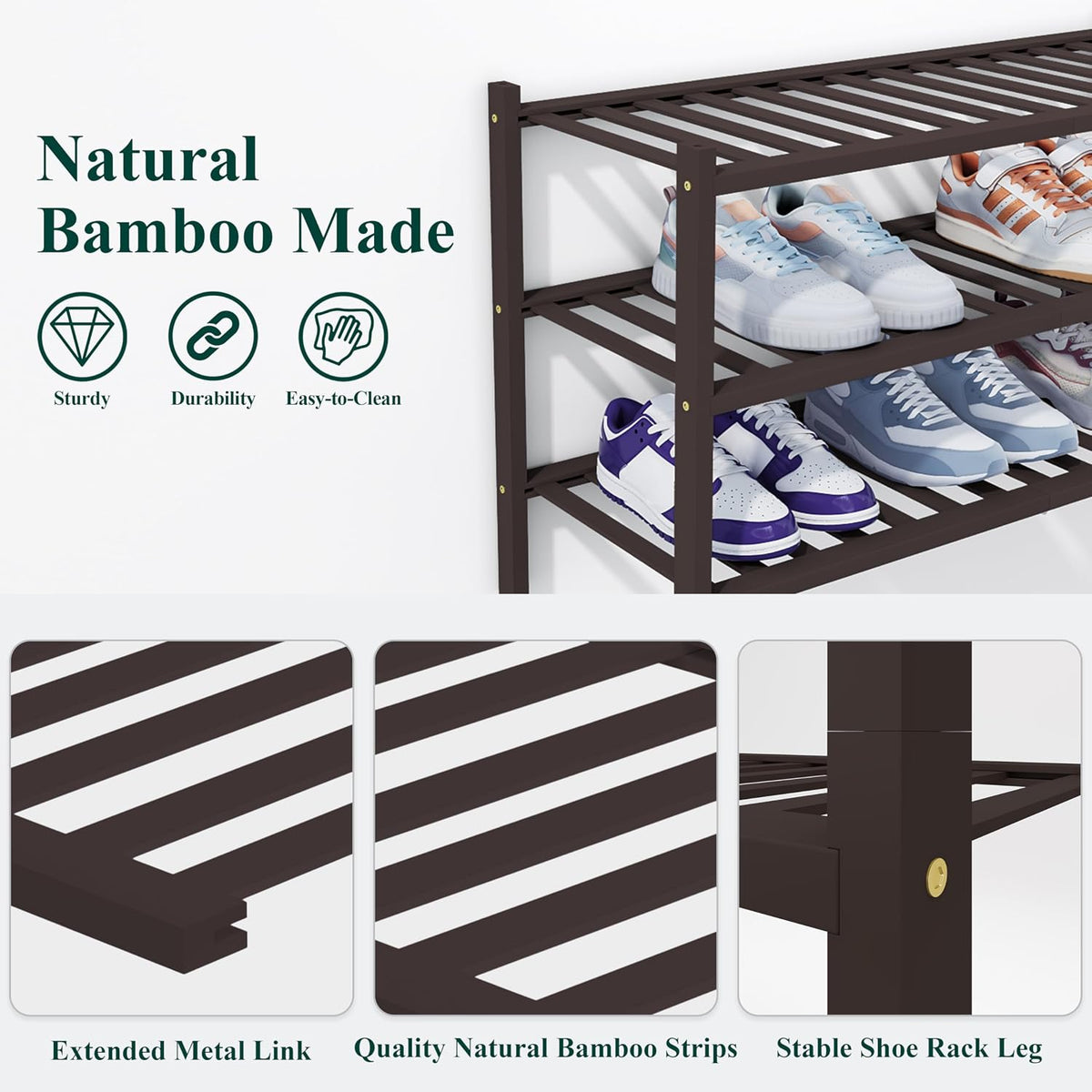Smiry Bamboo Shoe Rack, 14 Vertical Slats, 2 Tier - 26.8" Wide, Brown