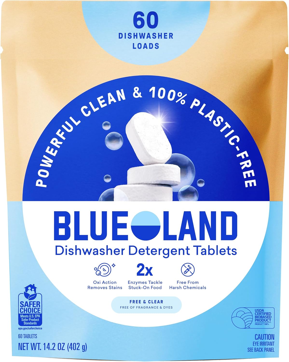 BLUELAND 100% Plastic-Free Dishwasher Detergent Tablets, 60 Count, Free & Clear, Eco-Friendly Dishwashing Pods, Cuts Grease & Stuck on Food, Rinses Clean for Streak-Free Shine