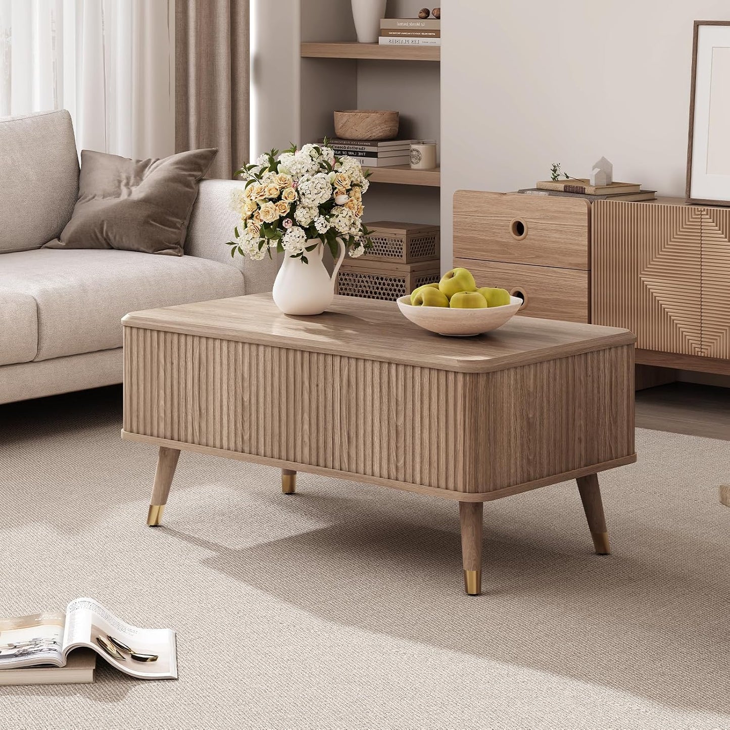 JOINICE Lift Top Coffee Table with Storage, Mid Century Modern Rectangular Center Table, Fluted Design with Hidden Compartment, Rising Desk for Work from Home, Living Room Furniture, Oak Finish