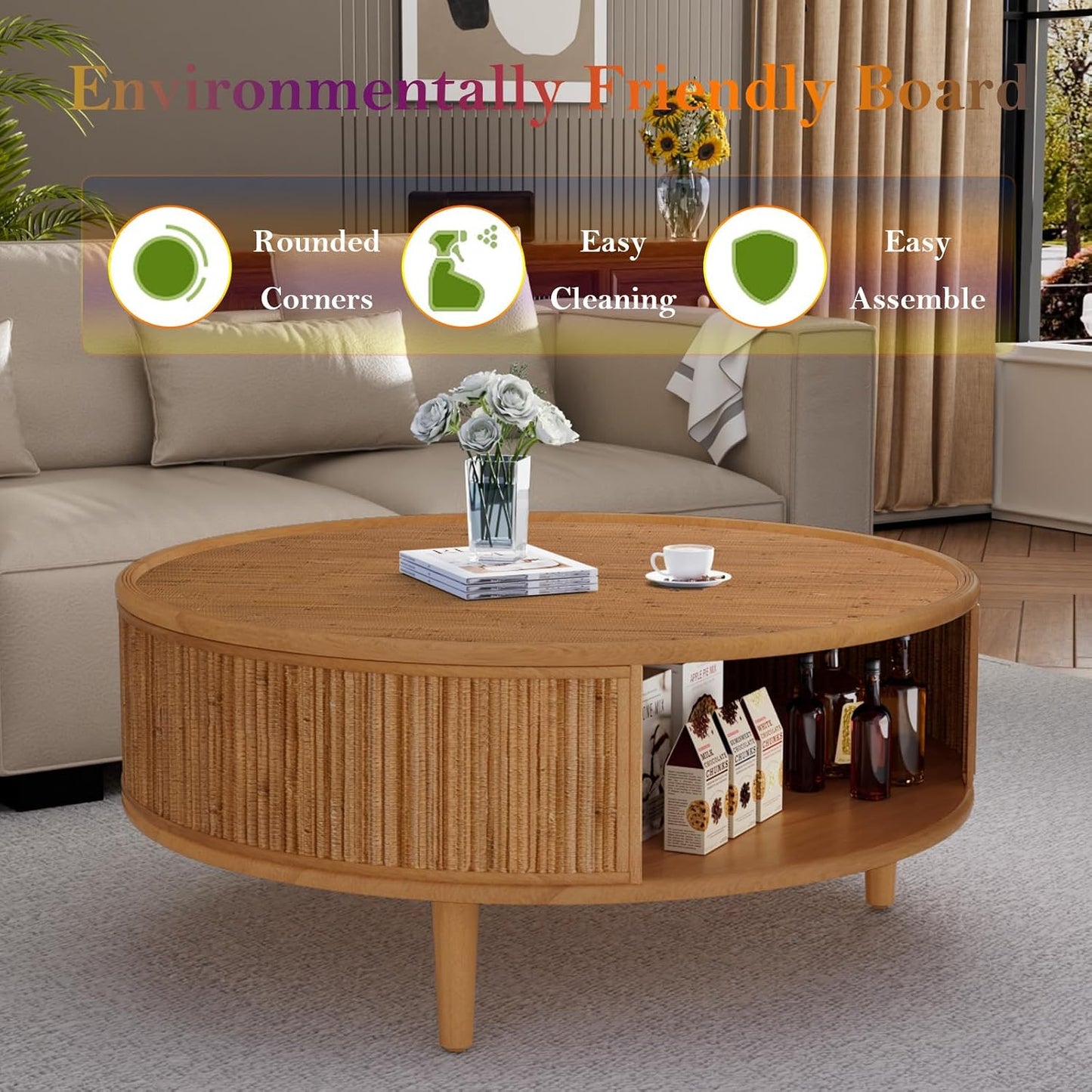 Round Coffee Table with Opening Storage Space (H Bamboo Woven 30.5in) | Farmhouse Circle Center Table for Living Room Easy to Assemble & Maintain